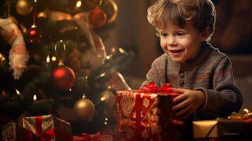 ai generato contento bambino si apre Natale i regali foto