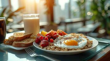 ai generato soleggiato mattina prima colazione con uova e fresco frutta. generativo ai. foto