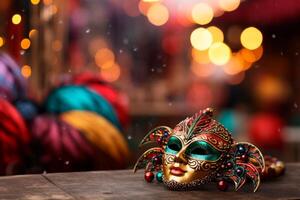 ai generato avvicinamento di un' colorato carnevale maschera, un essenziale elemento per il festa. carnevale maschera evidenziato, visualizzazione suo ricchezza di colori su un' superficie. foto