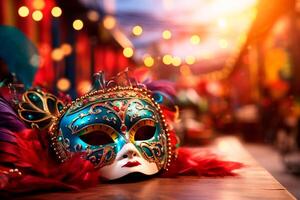 ai generato avvicinamento di un' colorato carnevale maschera, un essenziale elemento per il festa. carnevale maschera evidenziato, visualizzazione suo ricchezza di colori su un' superficie. foto