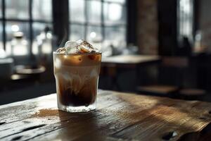 ai generato un' bicchiere di ghiacciato caffè su un' rustico di legno tavolo. generativo ai. foto