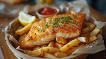 vicino su di pesce e patatine fritte con francese patatine fritte. veloce cibo concetto. foto