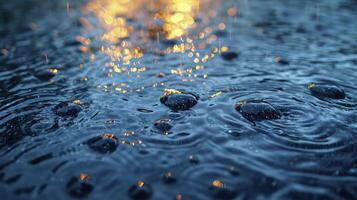 ai generato gocce di pioggia su il lago superficie con allettante textures e drammatico illuminazione. astratto sfondo. foto