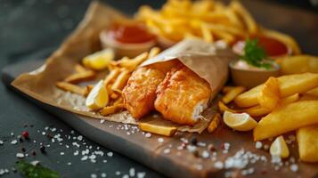 vicino su di pesce e patatine fritte con francese patatine fritte. veloce cibo e annuncio pubblicitario concetto. foto