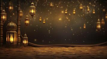 ai generato Ramadan a tema sfondo, brillante capezzolo parete, oro lanterne nel il angolo, oro particelle e piccolo lanterne impiccagione, arte nouveau stile foto