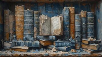 ai generato mucchio di vecchio pergamena carta e Vintage ▾ struttura sfondo di vecchio danneggiato libri. foto