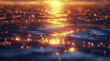 ai generato riflessione di tramonto leggero su il acqua superficie. il spruzzo di scintillante acqua è molto drammatico. astratto sfondo. foto