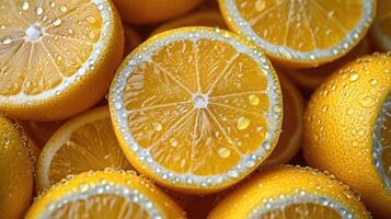 ai generato mucchio di Limone fette con fresco acqua gocce. foto