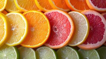 ai generato un elegante sfondo con fette di vario agrume frutta piace arance, limoni, e Limes disposte artisticamente per un' freschezza. foto