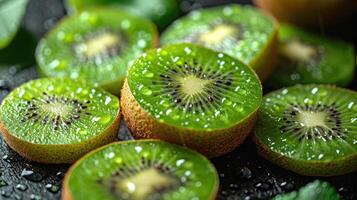 ai generato esotico Kiwi sfondo. esotico appello di perfettamente il giro Kiwi fette. foto