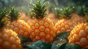 ai generato tropicale ananas Paradiso - un' sfondo in mostra un' tropicale Paradiso con un' ananas, cattura il esotico e vivace essenza di il frutta bagnato con acqua gocciolina. foto