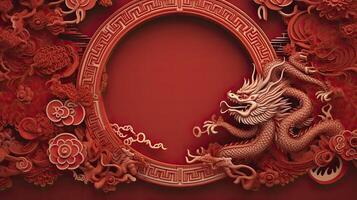 ai generato Cinese nuovo anno tema pianura sfondo con Drago cartello, tipico Cinese montatura su ogni lato. lusso stile di carta tagliare arte. foto