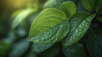 ai generato avvicinamento di verde le foglie con sfocatura foresta sfondo e drammatico luce del sole. foto