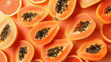 ai generato fette di papaia, un' creativo disposizione per evidenziare il frutta freschezza e prelibatezza, diretto superiore Visualizza. foto