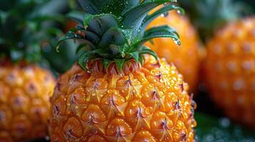 ai generato tropicale ananas Paradiso - un' sfondo in mostra un' tropicale Paradiso con un' ananas, cattura il esotico e vivace essenza di il frutta bagnato con acqua gocciolina. foto