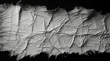 ai generato nero e bianca grunge di un' strappato bianca tessuto, nero sfondo, foto