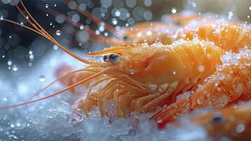 ai generato succulento congelato gamberetto. il freschezza di il gamberetto vicino su Visualizza. frutti di mare fotografia. foto