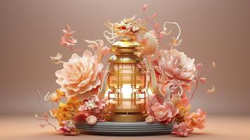 ai generato contento Cinese nuovo anno il Drago zodiaco cartello con fiore, lanterna, Cinese elementi. fatto a partire dal resina lusso stile. 3d rendere. foto