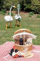 estate picnic su un' verde prato con rosso vino, formaggio e fresco frutti di bosco, uva foto