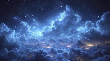 ai generato un' nuvoloso notte cielo con il presenza di nottilucenti nuvole quello splendore nel il buio, la creazione di un' sbalorditivo cielo Visualizza. verso il cielo Visualizza a partire dal sotto. foto