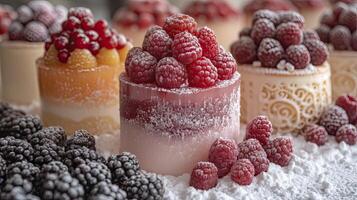 ai generato dolce torta dolce servito freddo. dolce torta e frutta dolce sfondo. foto