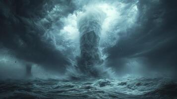 ai generato un' tornado tempesta nel il mezzo di il Aperto oceano, con tornado apparendo al di sopra di il acqua. ipermassimalista, foto