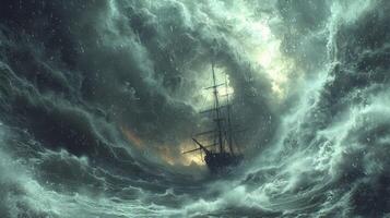 ai generato un' tornado tempesta a mare con un' nave ondeggiando in mezzo enorme onde. foto