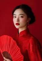 ai generato bellissimo asiatico donna indossare Cinese cheongsam e Tenere fan. foto