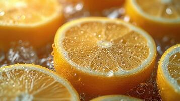 ai generato mucchio di Limone fette con fresco acqua gocce. foto