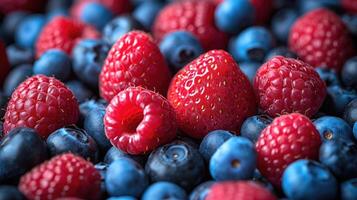 ai generato mescolare di frutti di bosco come come fragole, mirtilli, e lamponi disposte ad arte per un' scoppiare di colore sfondo. foto