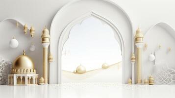 ai generato Ramadan sfondo tutti bianca, oro accenti. minimalismo 3d interpretazione foto