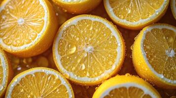 ai generato mucchio di Limone fette con fresco acqua gocce. foto