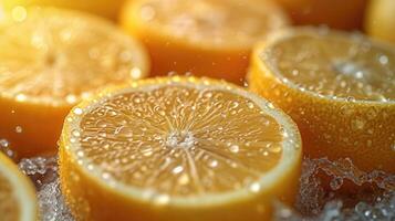 ai generato mucchio di Limone fette con fresco acqua gocce. foto