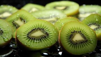 ai generato esotico Kiwi sfondo. esotico appello di perfettamente il giro Kiwi fette. foto