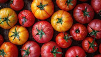 ai generato pomodoro sfondo. fresco pomodori creativamente organizzato, un artistico disposizione per vetrina colore e forma. foto