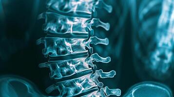 ai generato spinale fusione chirurgia con metallo canne e viti un raggi X Visualizza di il colonna vertebrale foto