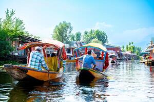 dal lago e il bellissimo montagna gamma nel il sfondo, nel il estate barca viaggio, di città Srinagar kashmir India. foto