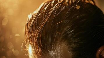 ai generato un' avvicinamento di bagnato scintillante capelli uomini capelli perdita con caldo leggero foto