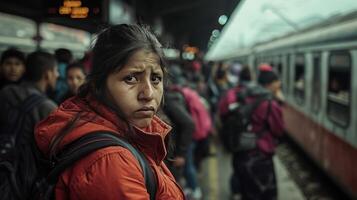 ai generato gruppo di immigrati nel affollato occupato treno stazione con viaggiatori in attesa per tavola. foto