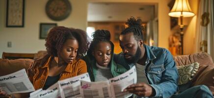 ai generato africano famiglia rivedere imposta documenti insieme con documento e passato dovuto imposta foto