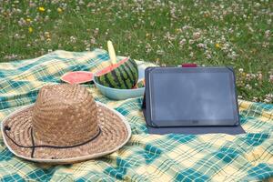 vuoto toccare schermo tavoletta su il verde graas, estate picnic nel giardino, cappello foto