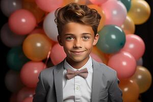 ai generato ritratto di un' carino poco ragazzo nel un' completo da uomo e arco cravatta in posa su un' sfondo di colorato palloncini foto