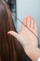 foto di un' europeo ragazza con lungo e bellissimo brunetta capelli a il bellezza salone. brillante e salutare capelli.