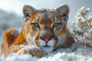 ai generato montagna Leone nel inverno neve foto