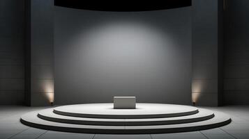 ai generato vuoto camera interno con bianca 3d palcoscenico per Prodotto presentazione, rappresentare minimo, vecchio i soldi e silenzioso lusso foto