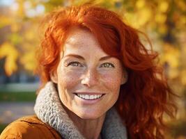 ai generato ritratto di un' maturo 45 anno vecchio contento testa Rossa donna con lentiggini e lungo ondulato capelli nel un autunno parco con giallo fogliame foto