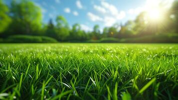 ai generato bellissimo paesaggio di prato con erba e blu cielo nel primavera su caldo mattina sole luce, freschezza verde campo. foto