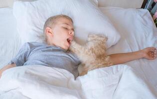 il ragazzo cascate addormentato e abbracci il suo Zenzero gatto, chi dorme con lui sotto il copertine. bambini e animali domestici. il gatto dorme con il bambino. il bambino è ottenere pronto per letto. foto