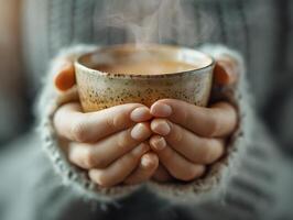 ai generato avvicinamento di donna di mano Tenere un' tazza di caldo caffè con Fumo a casa. donna Riempimento boccale con caldo fresco caffè nel un' mattina. vicino su tiro foto