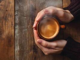 ai generato avvicinamento di donna di mano Tenere un' caldo caffè boccale con Fumo su il sfondo di un' di legno tavolo. donna Riempimento boccale con caldo fresco caffè nel un' mattina. vicino su tiro foto